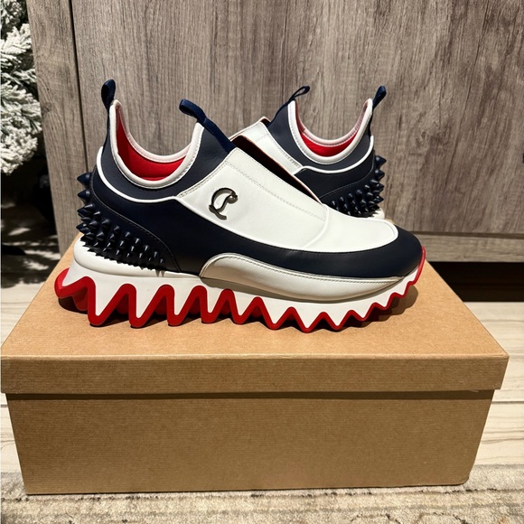 Christian Louboutin Navy and White Sneakers with Red Soles - Picture 2 of 4